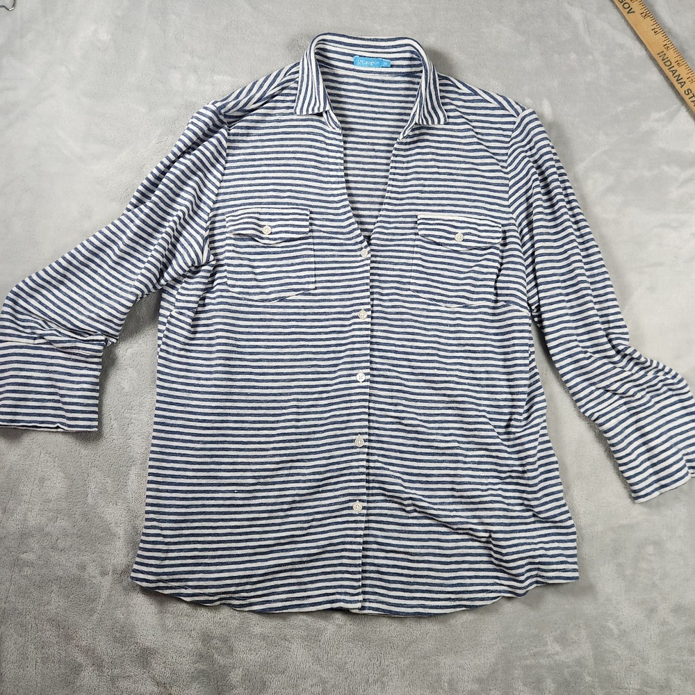 J. Mclaughlin Linen Top Women M Blue Striped Pocket Shirt Classic Casual Coastal